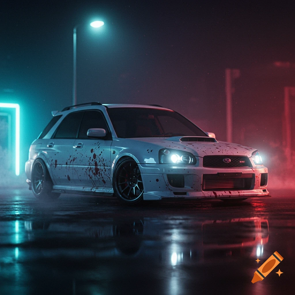 A white Subaru WRX wagon with red splatters on its side, parked on a wet street at night under neon blue and red lights.