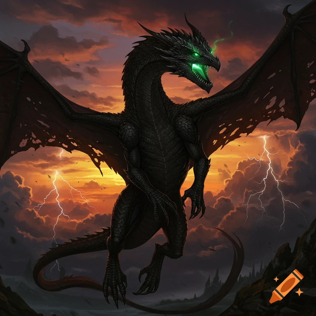 A black dragon with glowing green eyes and torn wings flies through a stormy, orange and purple sky with lightning.