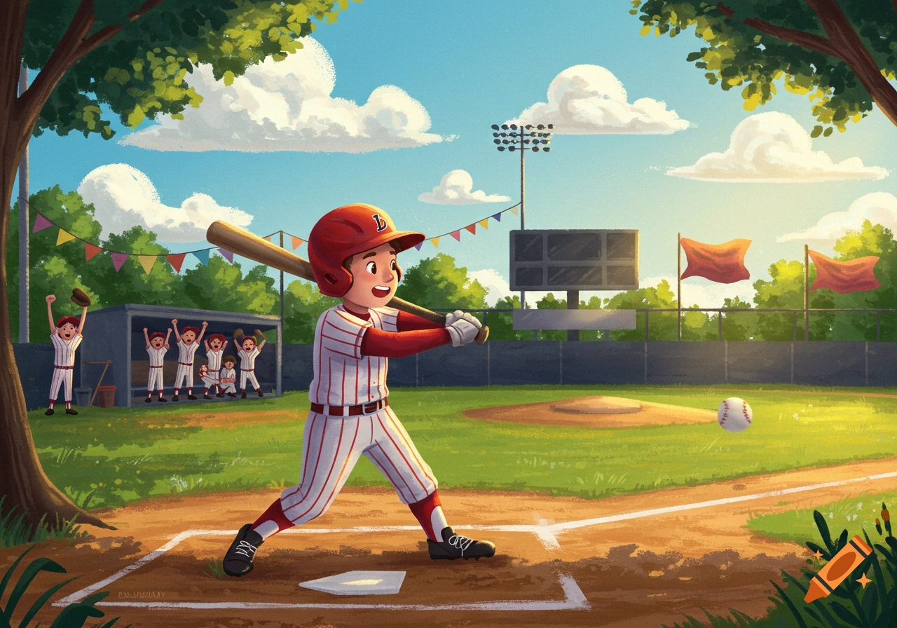 An illustration of a child batter at a baseball game with teammates cheering in the dugout.
