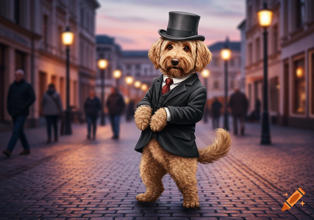 A photorealistic light brown labradoodle stands on its hind legs, wearing a black top hat and a dark business suit, on a cobblestone street at dusk.