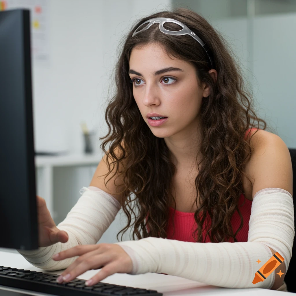 Young woman with long brown curly hair, braces, and arm casts uses a computer in an office setting.