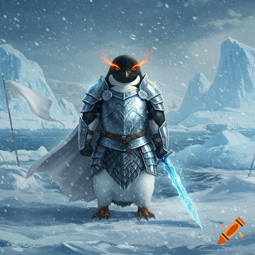 A fantasy illustration of a stern penguin warrior in detailed silver armor with glowing eyes, holding a blue ice sword in a snowy landscape.