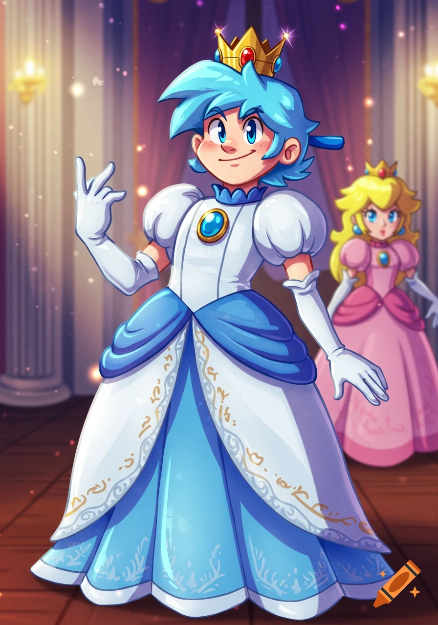 A light-skinned character with blue hair and a crown wears a white and blue princess dress, standing next to Princess Peach.