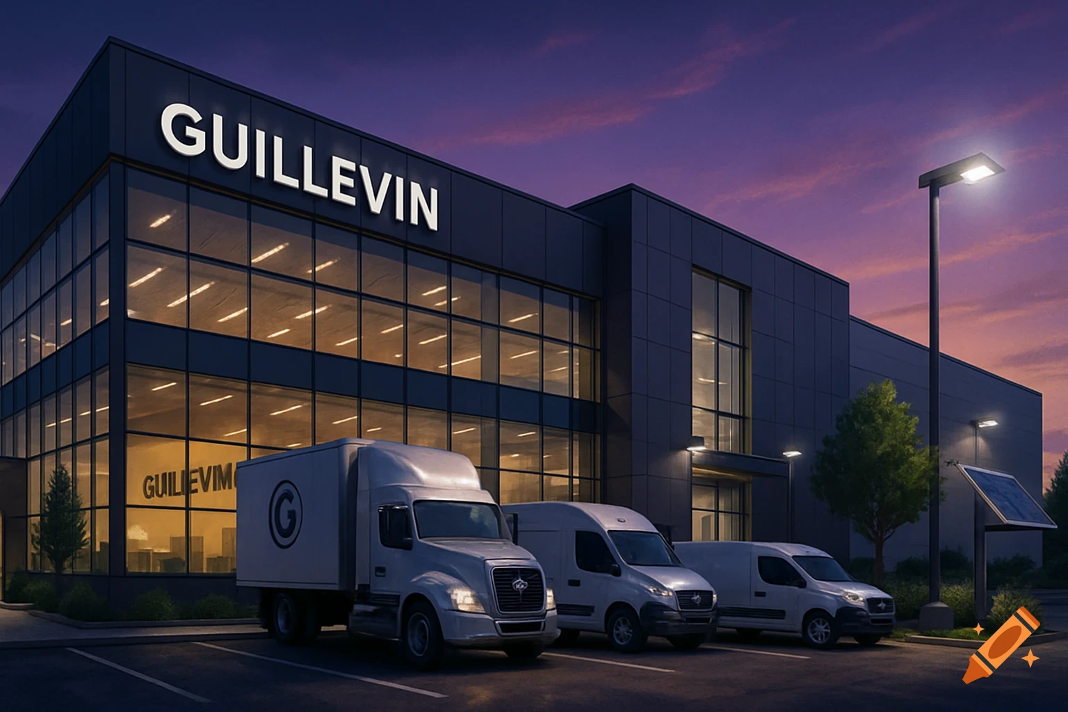 A modern commercial building with the name GUILLEVIN on its facade, and multiple white trucks parked in the lot at dusk.