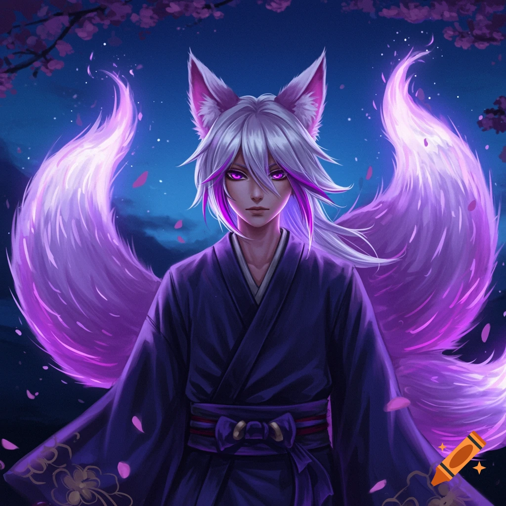 Anime boy with white hair, purple tips, fox ears, and glowing purple fox tails in a dark purple kimono under a starry, cherry blossom sky.