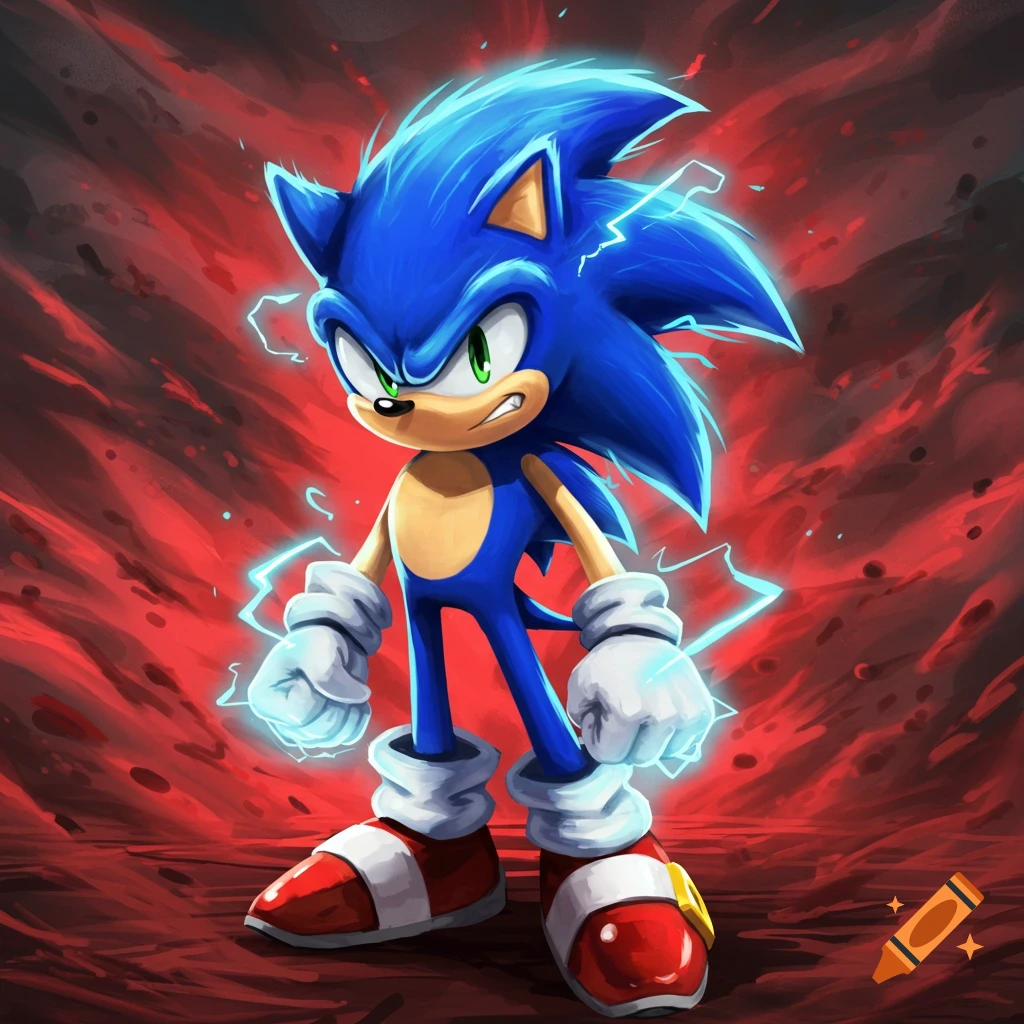 Sonic the Hedgehog stands angrily with blue electricity around him against a fiery red background.