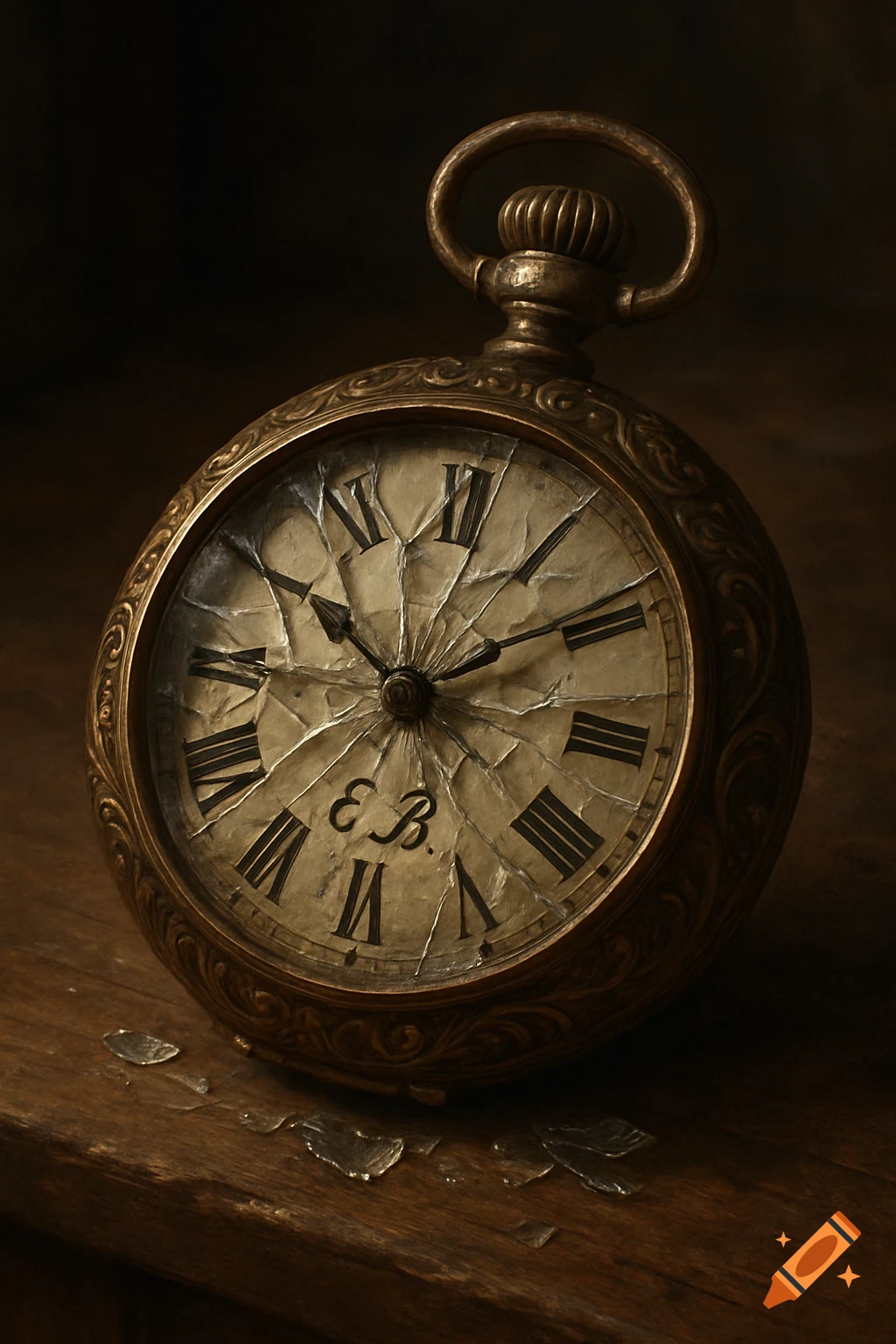 A broken antique pocket watch with a shattered face and Roman numerals lies on a wooden surface.
