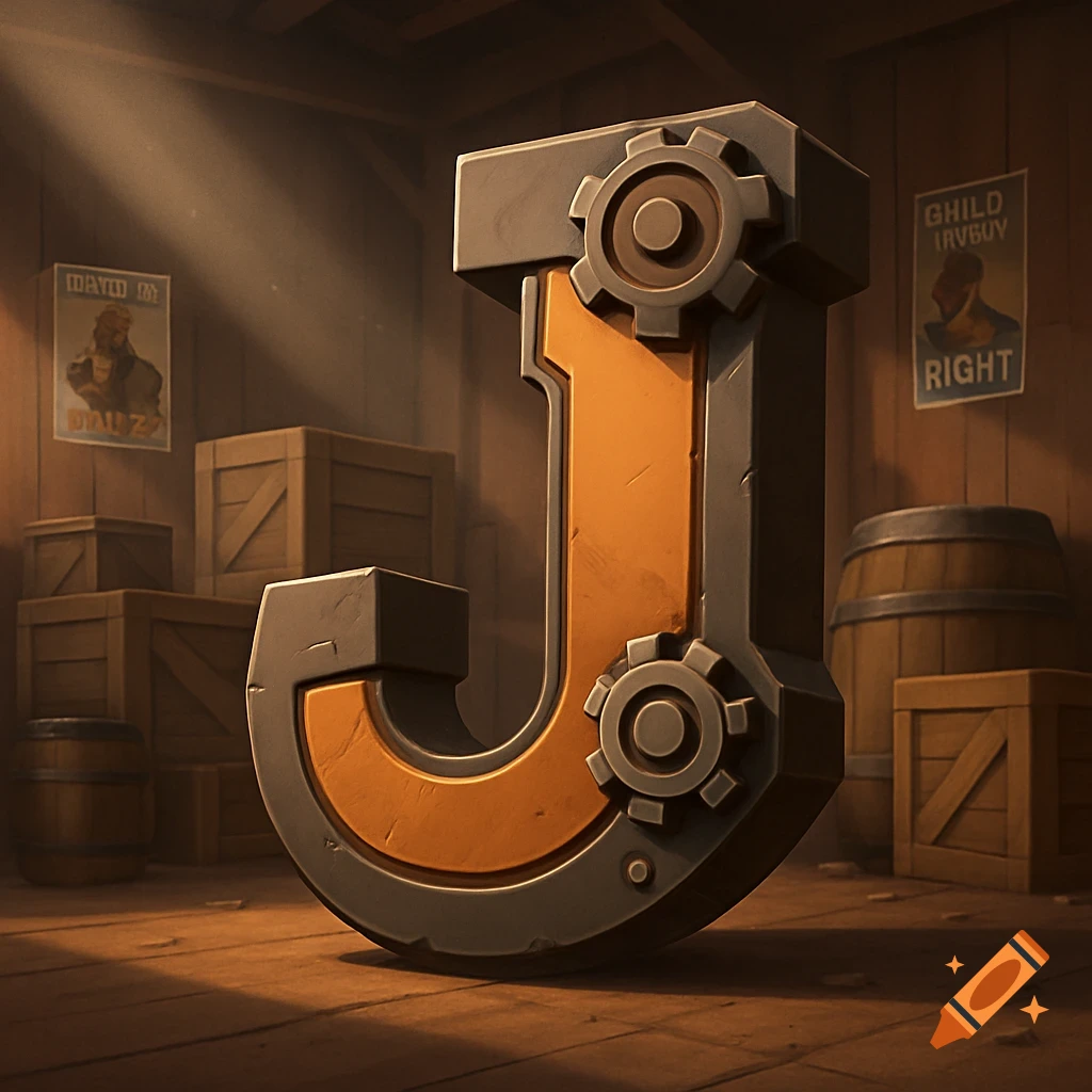 A large, stylized letter J made of metal and orange material with gears, set in a dimly lit wooden warehouse with crates and barrels.