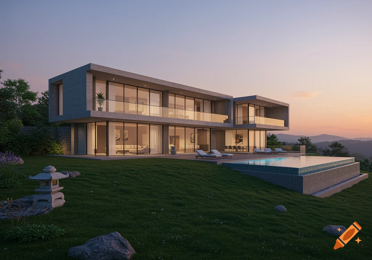 A modern concrete and glass house with an infinity pool overlooking mountains at sunset.