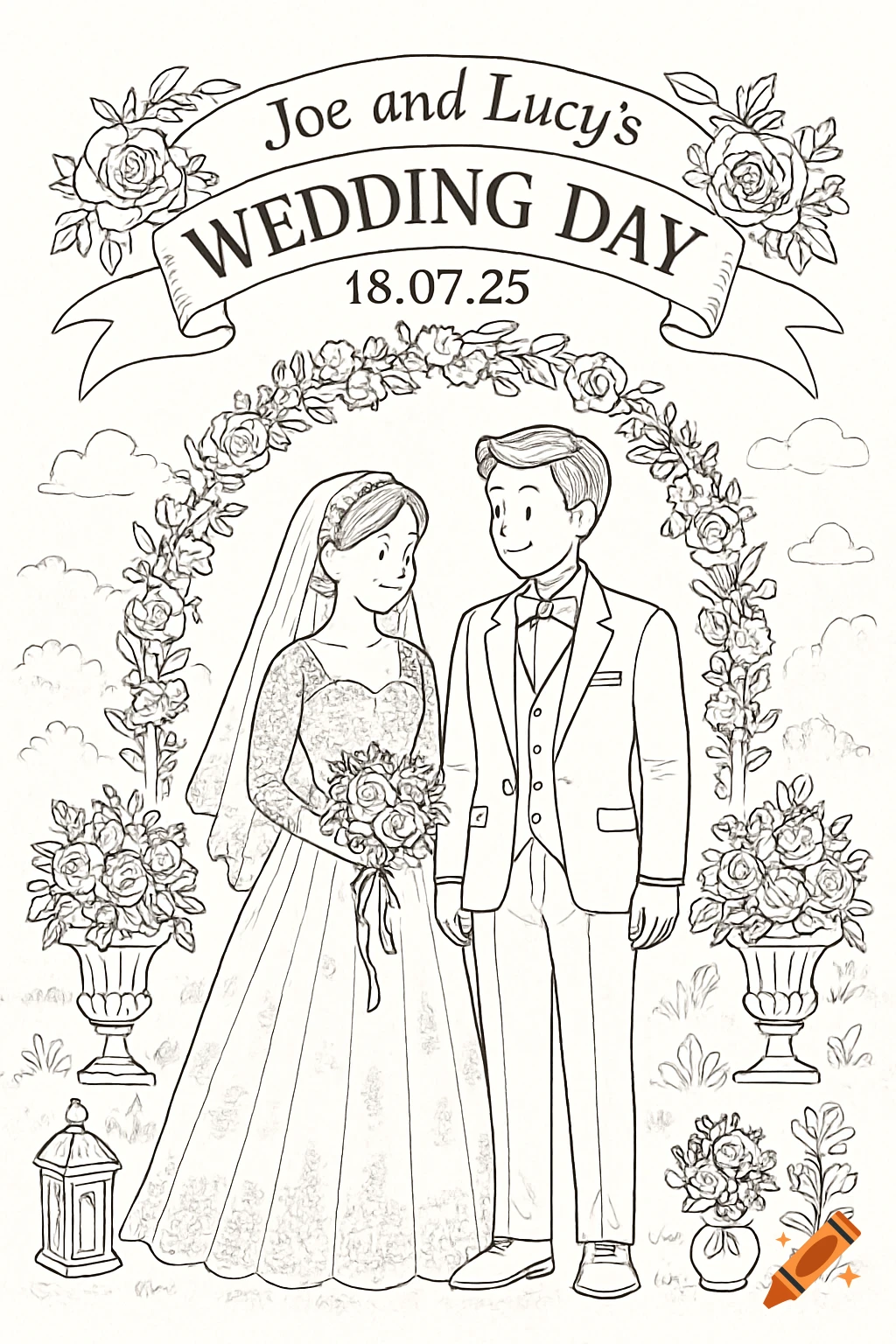 Black and white illustration of a bride and groom under a floral arch, with "Joe and Lucy's Wedding Day 18.07.25" on a banner, designed as a coloring page.