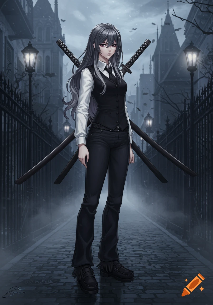 Anime-style girl with long dark gray hair, wearing a black vest, white shirt, black flare jeans, and moccasin boots, with two katanas on her back, standing on a cobbled street in an urban gothic setting.