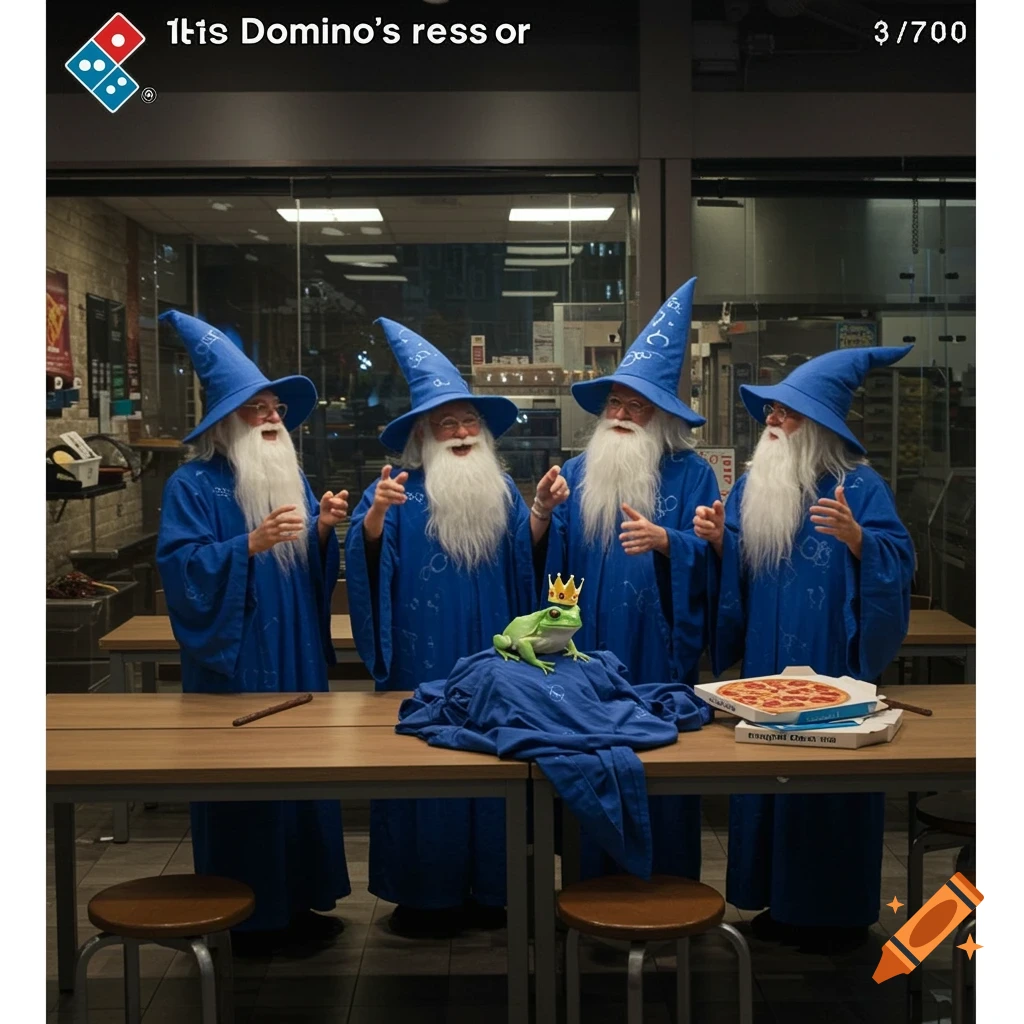 Four wizards in blue robes and hats laugh at a crowned frog on a table with a pizza box in a Domino's restaurant.