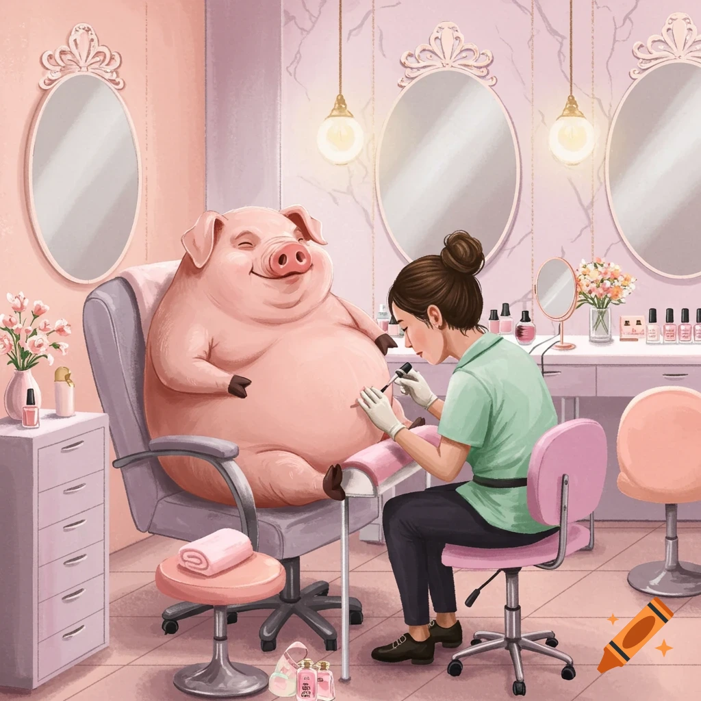 A happy, chubby pig sitting in a chair getting a manicure from a woman in a pink nail salon, in a charming illustration style.
