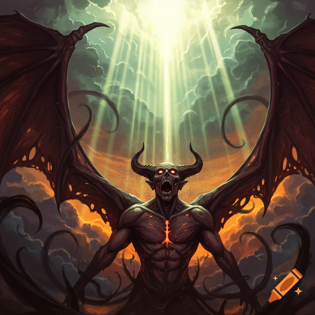 A horned, winged demon with glowing red eyes and menacing expression under a bright light beam in a dramatic, cloudy sky.