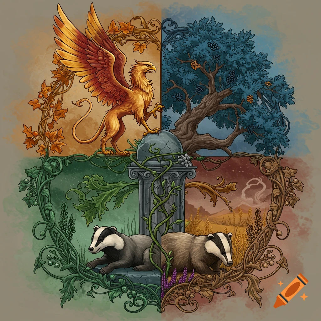 A stylized illustration featuring a griffin, a tree with berries, and two badgers, all intricately framed by leafy vines and branches in a four-part composition.