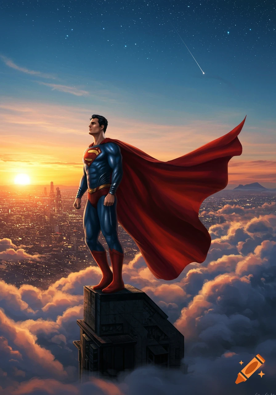 Superman stands atop a skyscraper above clouds, overlooking a city at sunset, in an illustrated style.