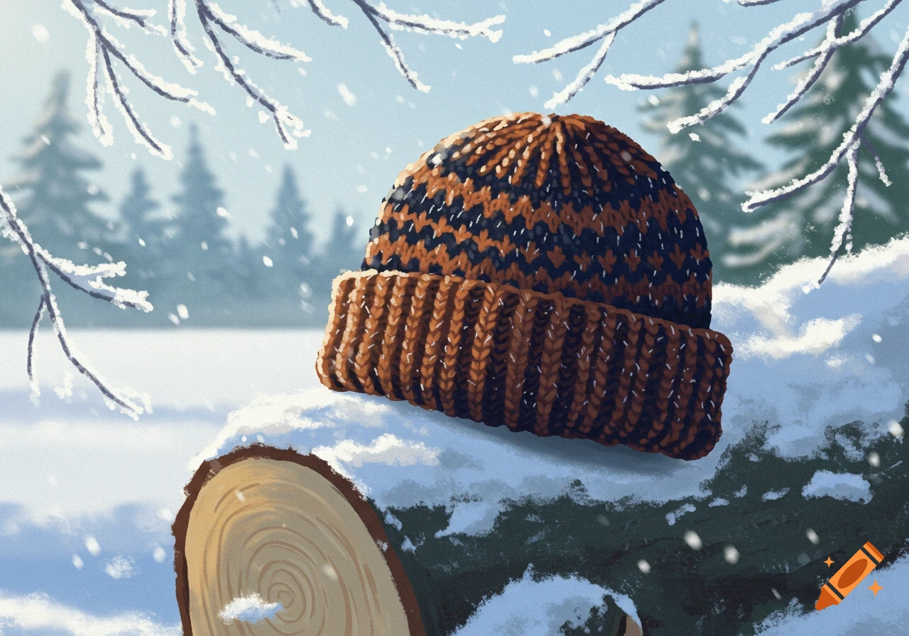 A brown and black knitted hat rests on a snow-covered log in a winter forest with falling snow, digital painting style.
