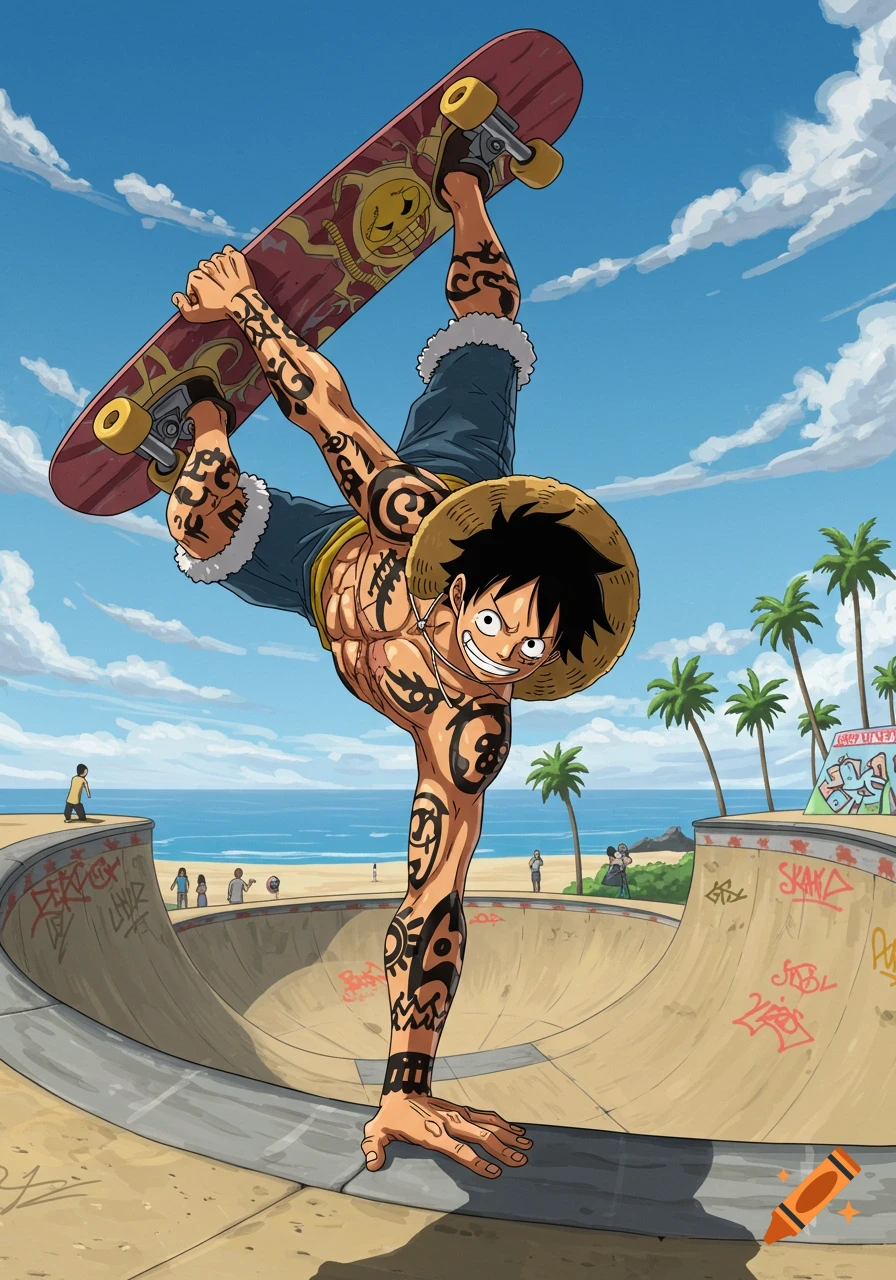 Monkey D. Luffy doing a handplant on a skateboard in a sunny beachside skate park, anime style.