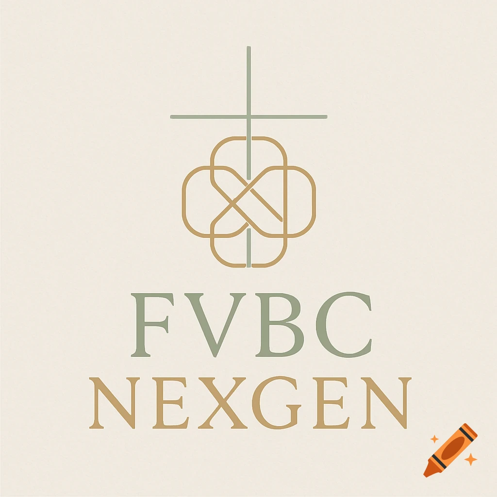 A minimalist logo for 'FVBC NEXGEN' featuring a stylized cross and interlocking shapes in muted green and gold on a beige background.
