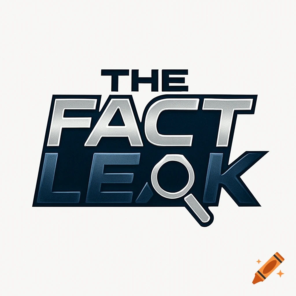 A white background with a logo for 'THE FACT LEAK' in metallic silver and blue gradient text. The 'O' in 'LEAK' is a magnifying glass.