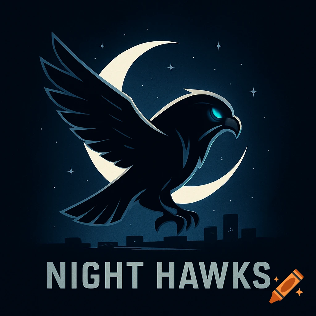 A stylized logo of a dark hawk with glowing blue eyes flying against a crescent moon and starry night sky, with a city skyline below and 'NIGHT HAWKS' text.