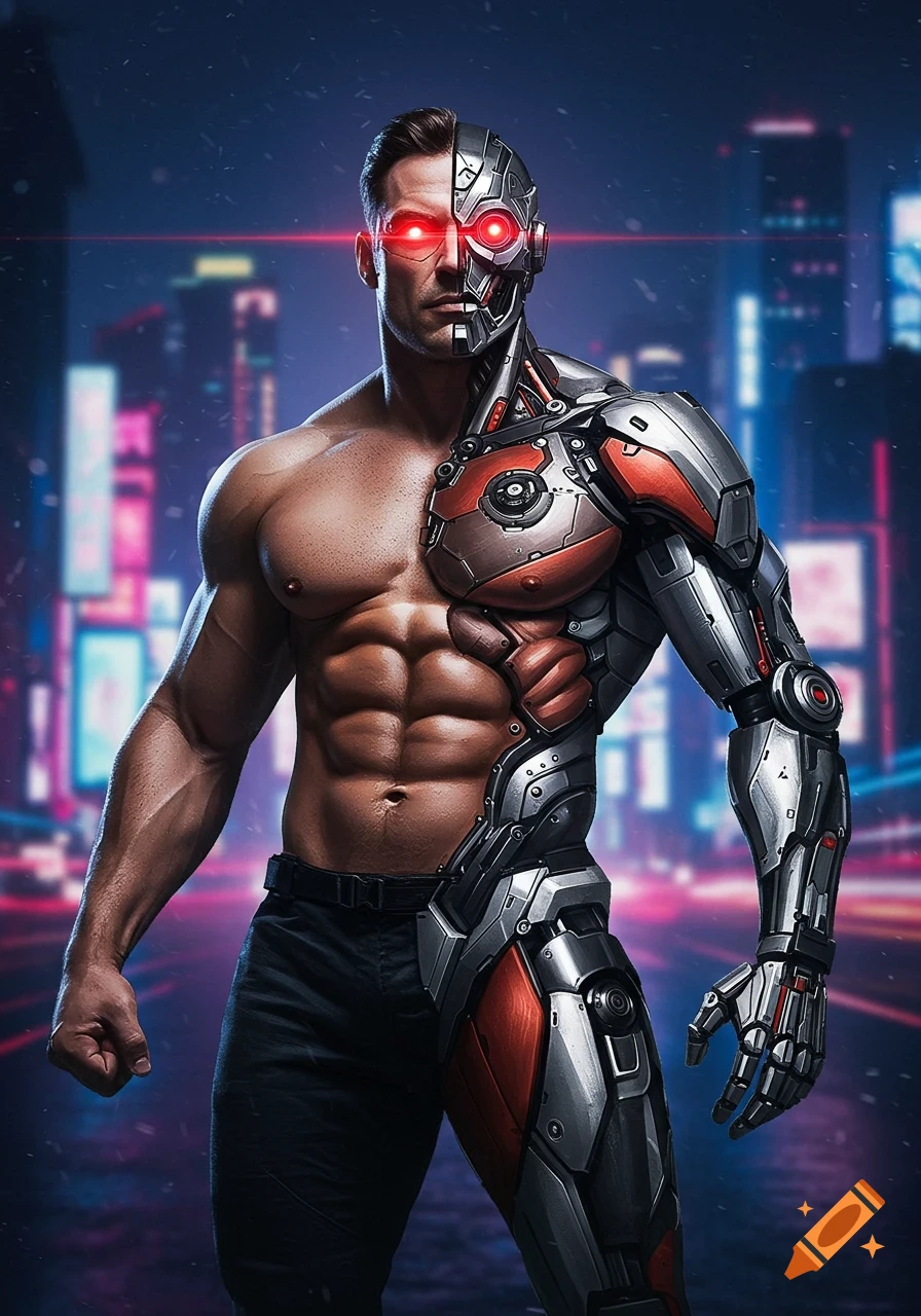 A muscular man, half-human and half-robot with glowing red eyes, stands in a futuristic city at night.