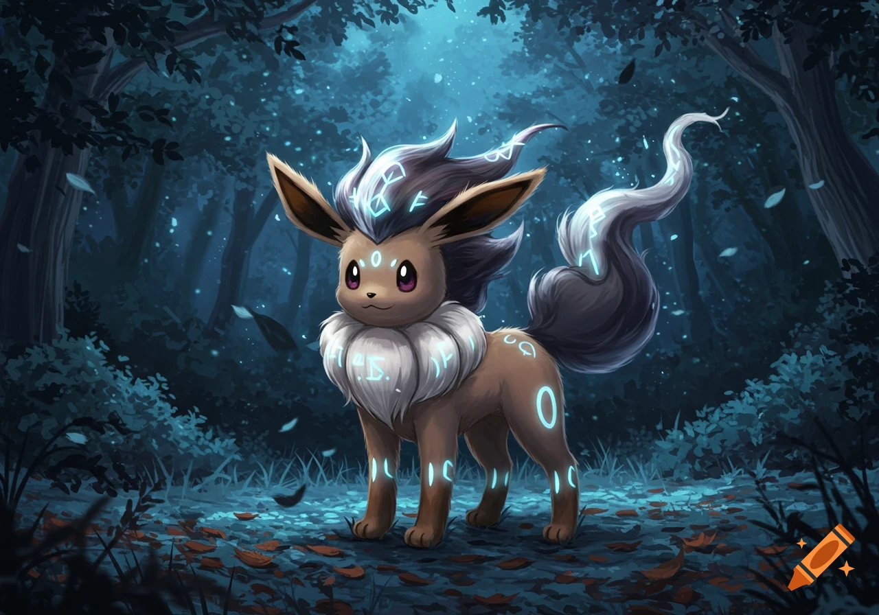 A fusion of Eevee and Zoroark in a dark, mystical forest. The creature is brown with a white ruff and dark tail, adorned with glowing blue runes.