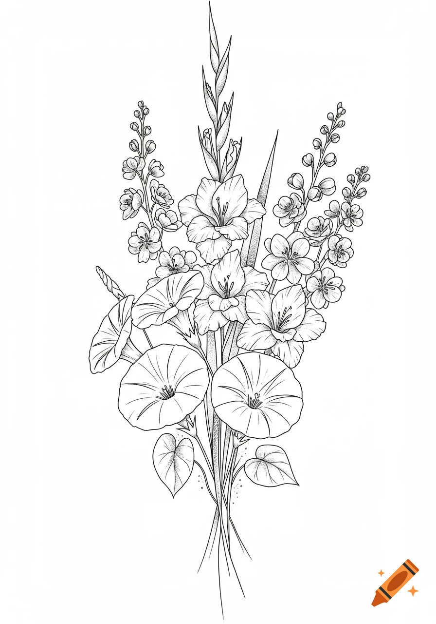 Black and white line art illustration of a bouquet of morning glory, gladiolus, and larkspur flowers, suitable for a minimalist tattoo.