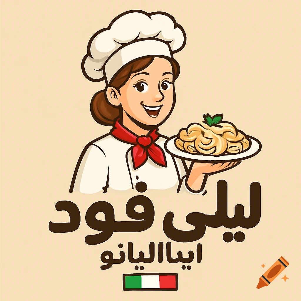 Cartoon logo of a smiling female chef holding a plate of pasta, with Arabic text 'Layla Food' and 'Italiano', and an Italian flag.