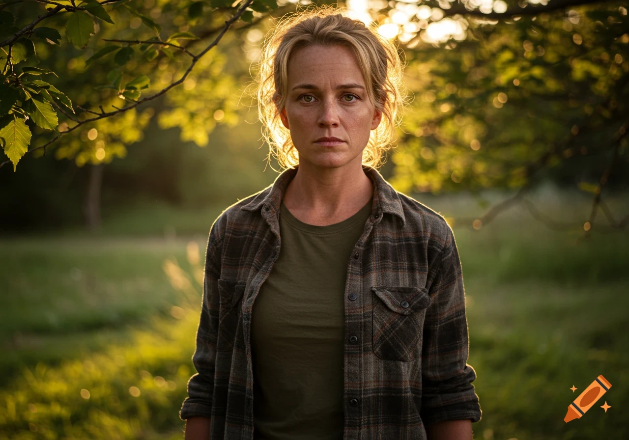 A photorealistic portrait of a woman with a serious gaze, wearing a plaid shirt and an olive t-shirt, standing in golden hour light amidst green foliage.