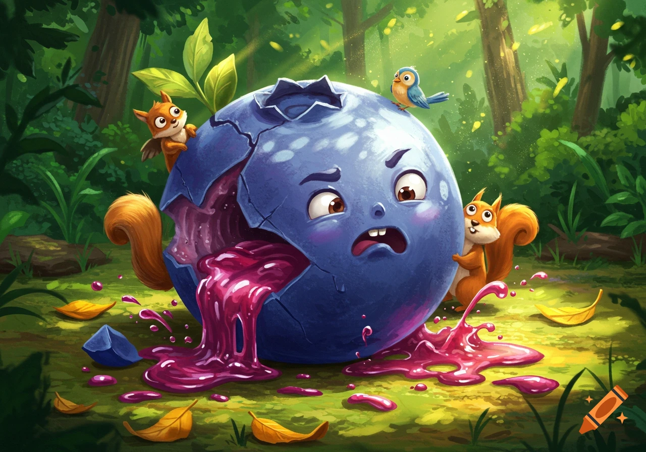 A cartoon blueberry, cracked open and oozing pink liquid, with two surprised squirrels and a bird in a forest.