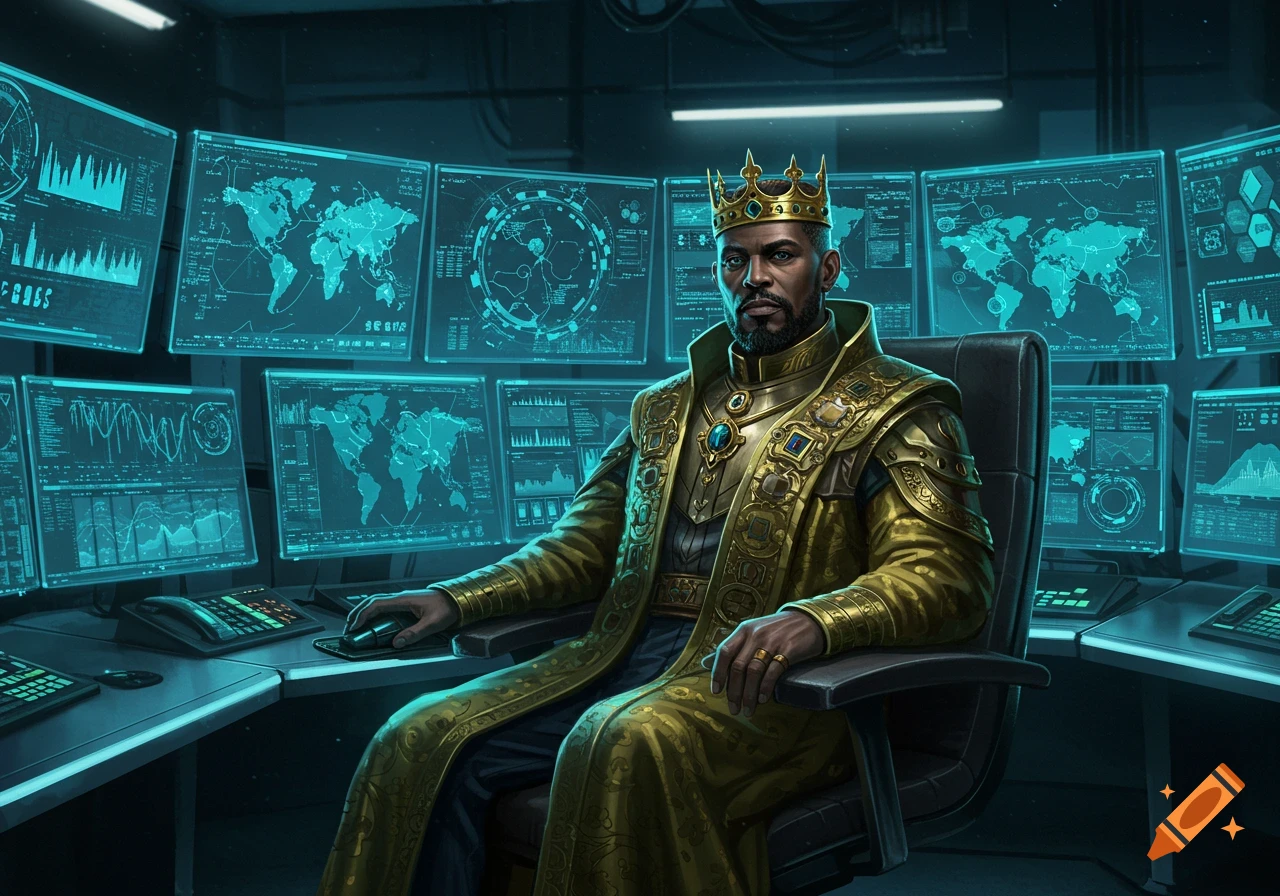 A king-like figure in ornate golden robes and a crown sits at a multi-screen computer workstation displaying maps and data, in a dark, high-tech room.