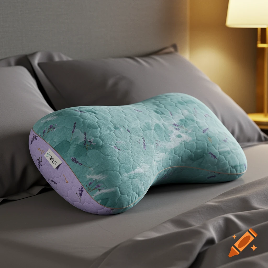 A contoured pillow with a blue-green quilted pattern and purple lavender accents rests on a gray bed next to a lamp.