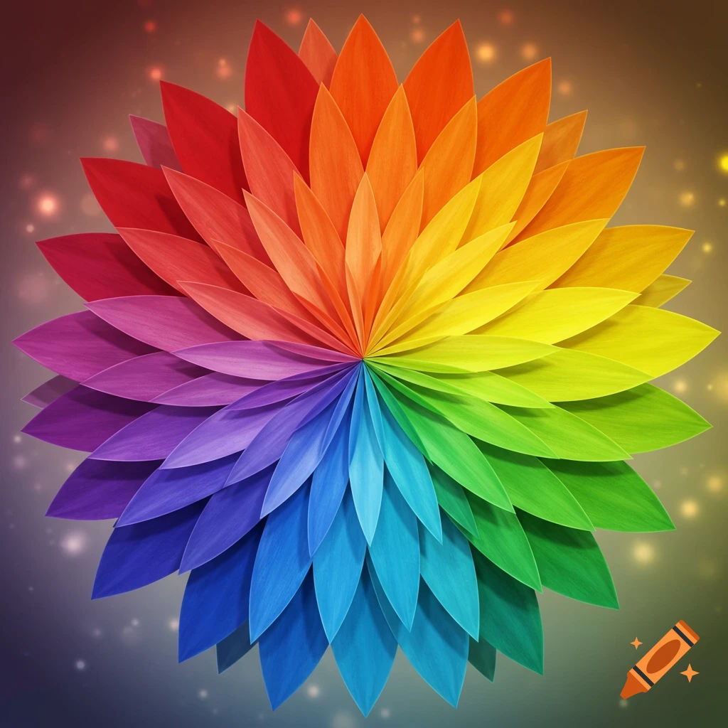 A vibrant flower with petals in a rainbow spectrum, forming a circular color wheel against a bokeh background.