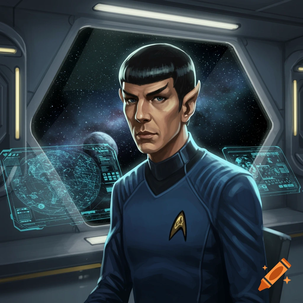An animated man resembling Spock in a blue uniform sits in a spaceship cockpit with a view of space.