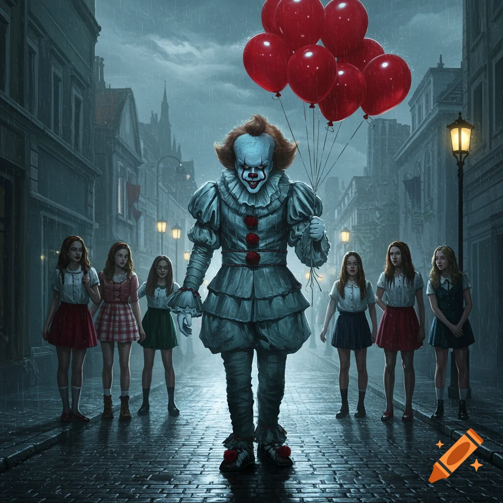 Pennywise the clown stands in a rainy cobblestone street, holding red balloons, while several girls stand behind him in the dark, urban setting.