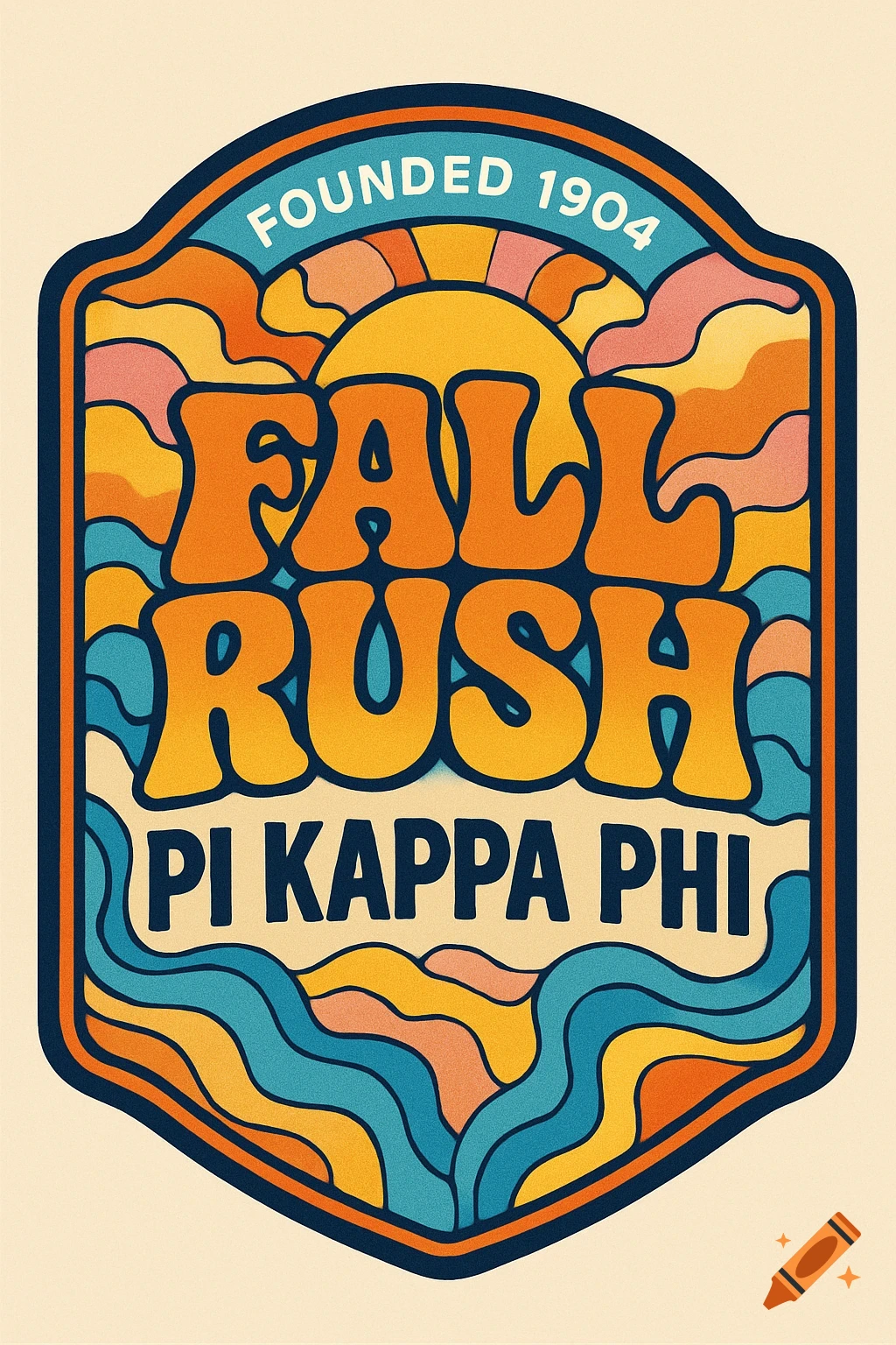 A retro-style emblem featuring colorful wavy shapes, a sun, and the text "FOUNDED 1904", "FALL RUSH", and "PI KAPPA PHI".