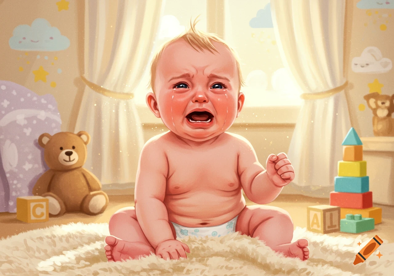An illustration of a crying baby in a diaper sitting on a fluffy rug in a sunny nursery with toys.