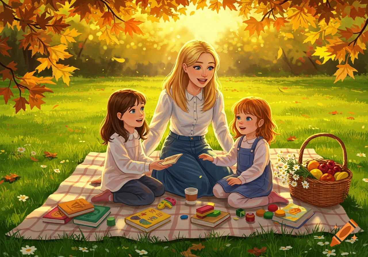 Animated mother and two daughters picnic in an autumn park on a plaid blanket with books and a fruit basket.