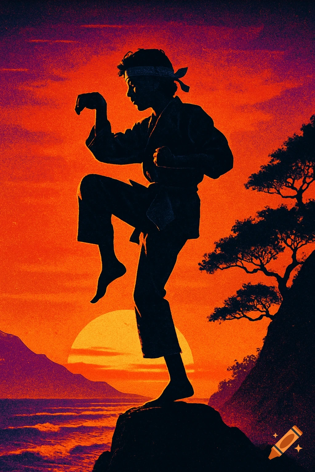 Silhouette of a person in a martial arts pose on a rock against a dramatic orange and purple sunset over mountains and water.