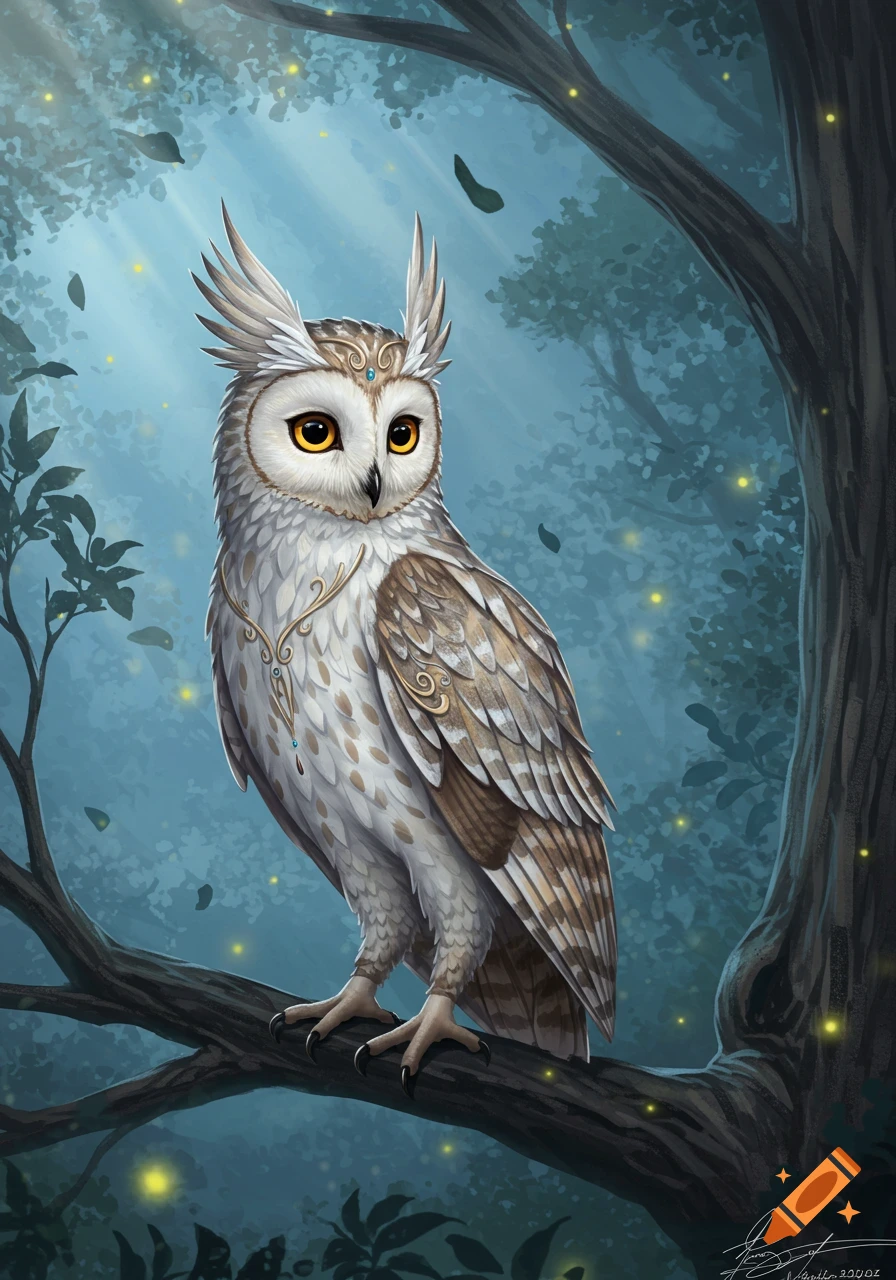 A majestic white and brown owl with large yellow eyes and ornate feathering sits on a tree branch in a mystical forest, with glowing particles in the background. The art style is illustrative and detailed.