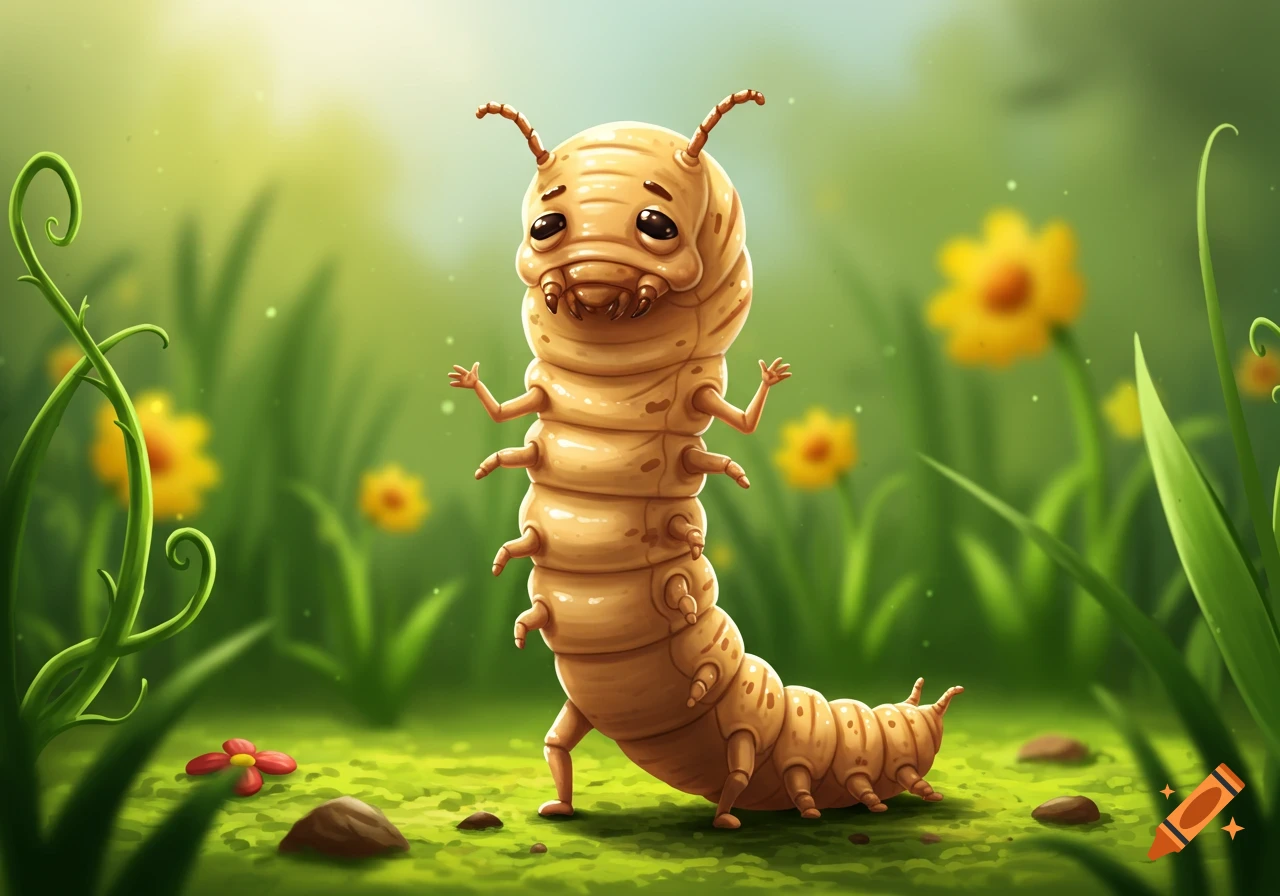 A cute, cartoonish mealworm with small arms and legs stands in a bright green field with yellow flowers.