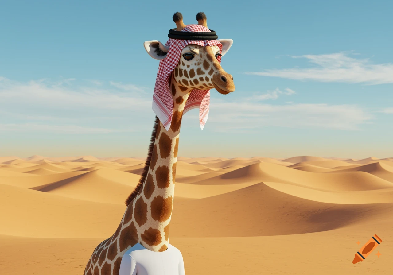 A stylized, surreal image of a giraffe wearing a red and white keffiyeh and a white thobe, standing in a sandy desert under a blue sky.