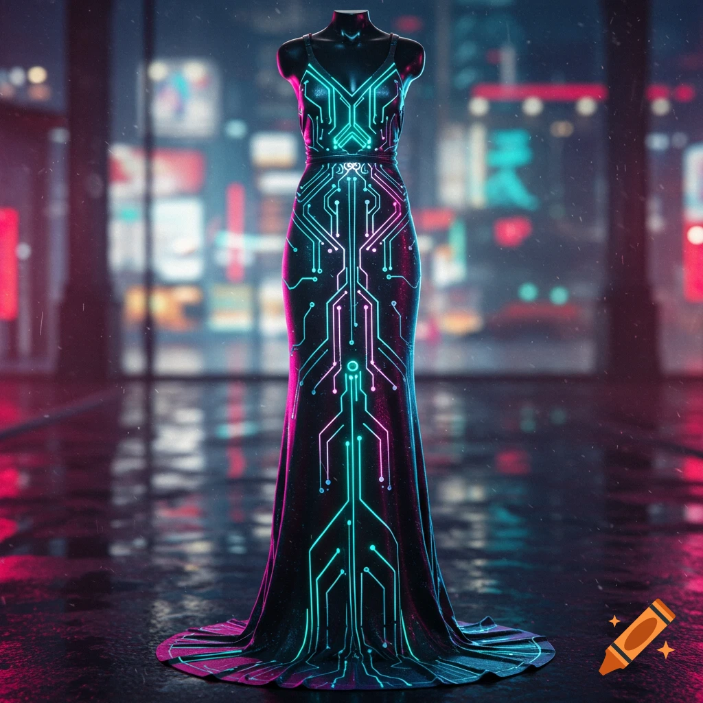 A black futuristic dress with glowing neon pink and blue circuit board patterns on a mannequin, set against a blurred cyberpunk city background.