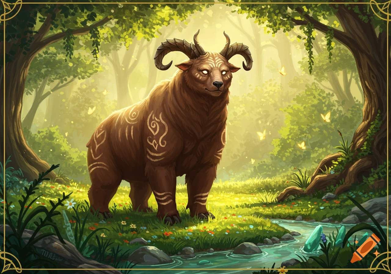 A large brown horned fantasy creature stands in a vibrant forest with a stream and butterflies.