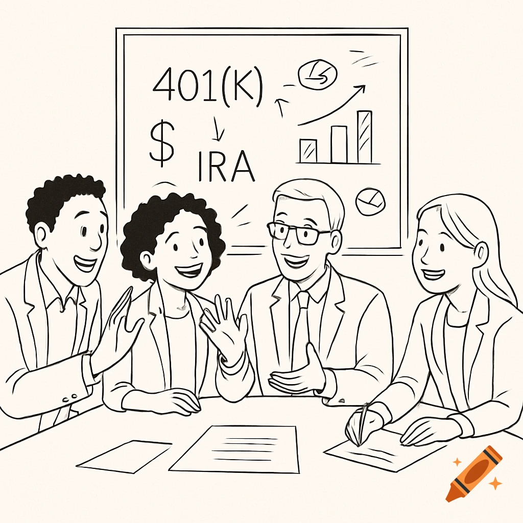 Line art illustration of diverse professionals discussing retirement savings at a table, with a whiteboard showing '401(K)', '$', and 'IRA'.