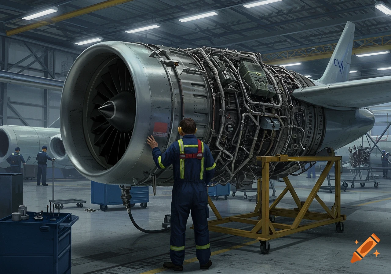 Photorealistic image of a mechanic inspecting a large jet engine with its cowling removed in an airplane hangar. Other planes and workers are in the background.