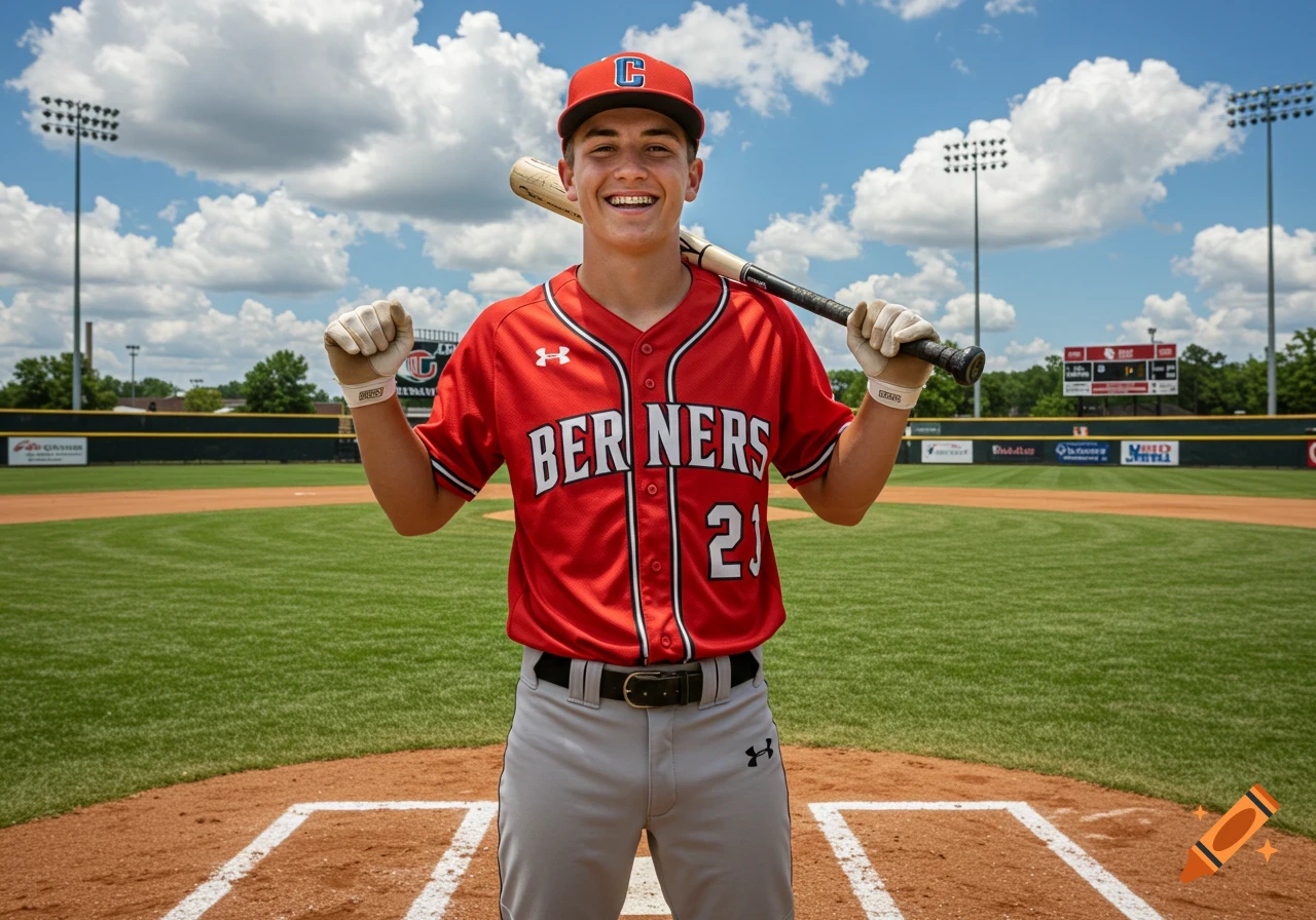 Photorealistic image of a smiling teenage boy in a red baseball uniform, holding a bat over his shoulder on a baseball field.
