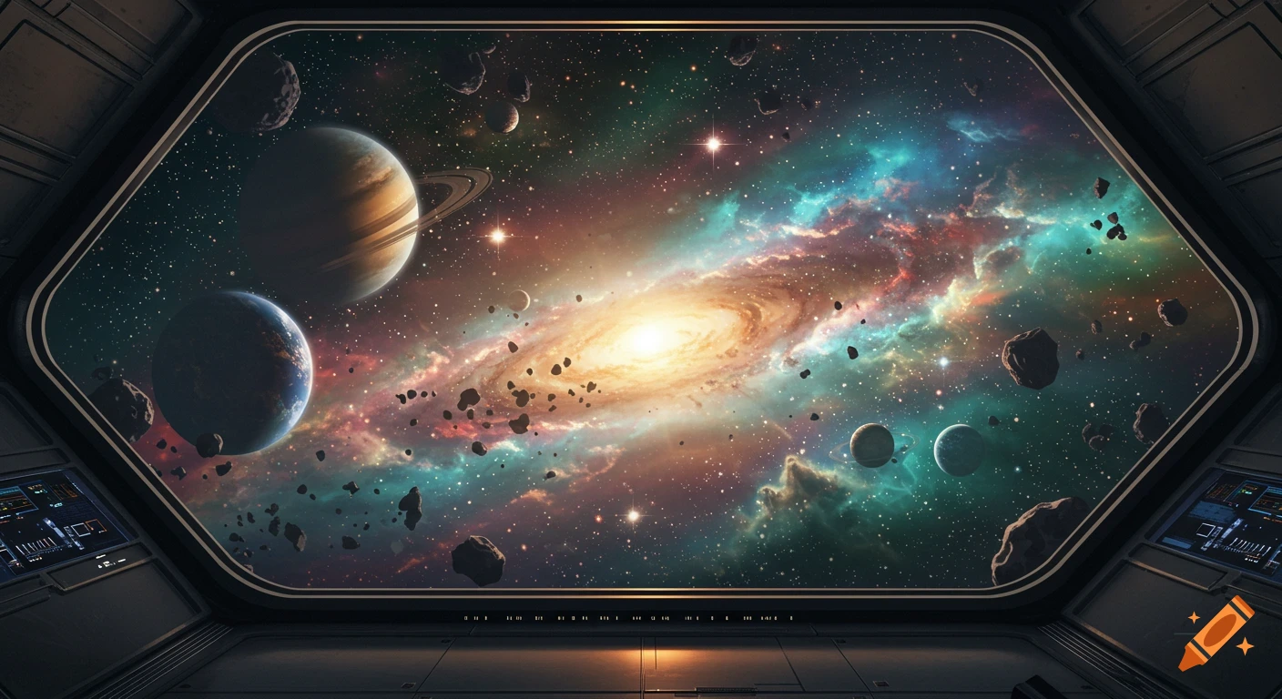 View from a spaceship window showing a vibrant galaxy with planets, a bright central spiral, and asteroids.