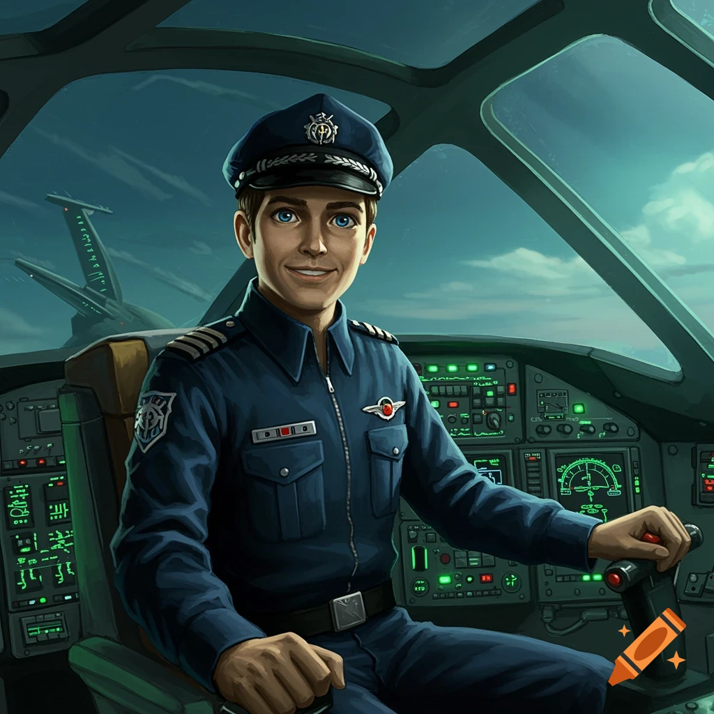 A smiling young male pilot in a blue uniform and cap sits in an airplane cockpit at the controls, with a second aircraft visible outside the window.